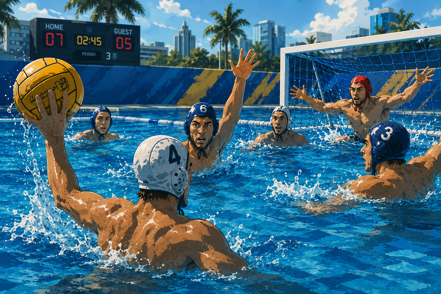 Water polo players competing in a bright outdoor pool